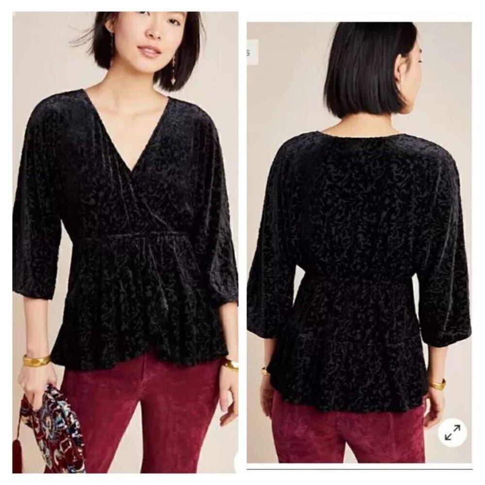 NWT Anthropologie Aleksa Burnout Crushed Black Velvet V Neck Blouse Size Small